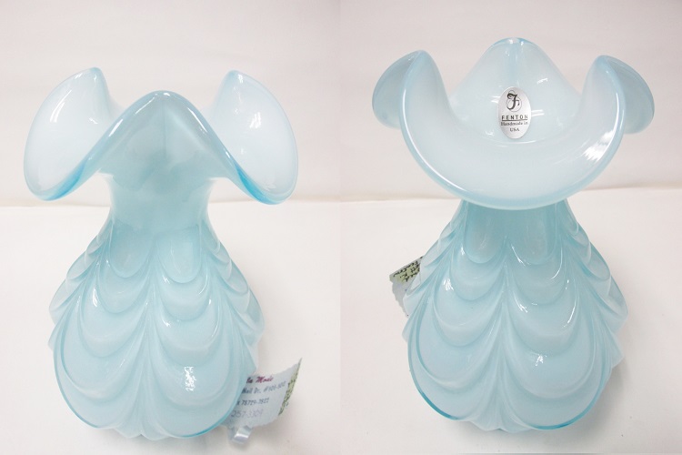 S6495L7 Fenton OVERLAY Blue Topaz & Milk Glass Drapery Vase<BR> (Click picture-FULL DETAILS)
